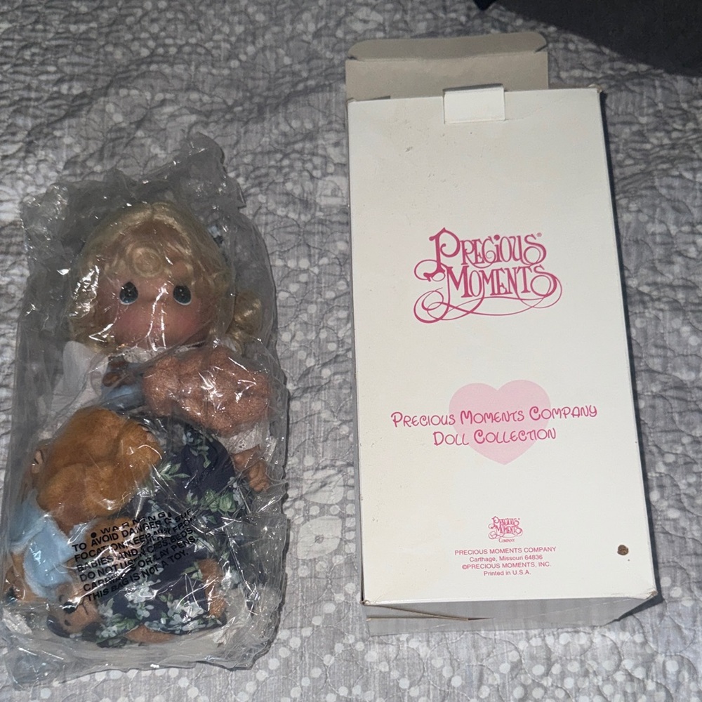 Precious Moments Blonde Doll with Blue Floral Dress and Brown Bear